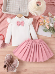 Girl's Bowknot Decor Outfit Ribbed Top & Pleated Skirt Set