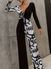 Block V Neck Jumpsuit Long Sleeve Sexy