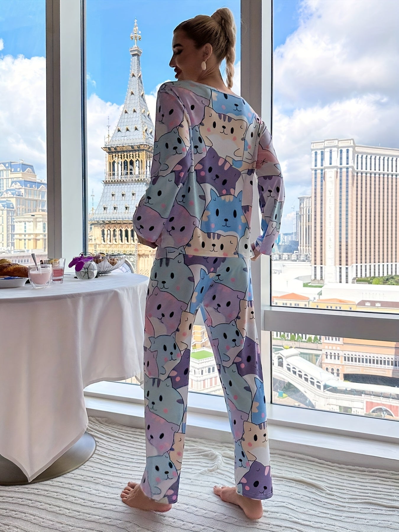 Cat Print Pajama Set Long Sleeve Top & Pants