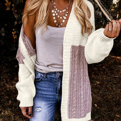Colorblock Cable Lantern Sleeve Open Front Cardigan