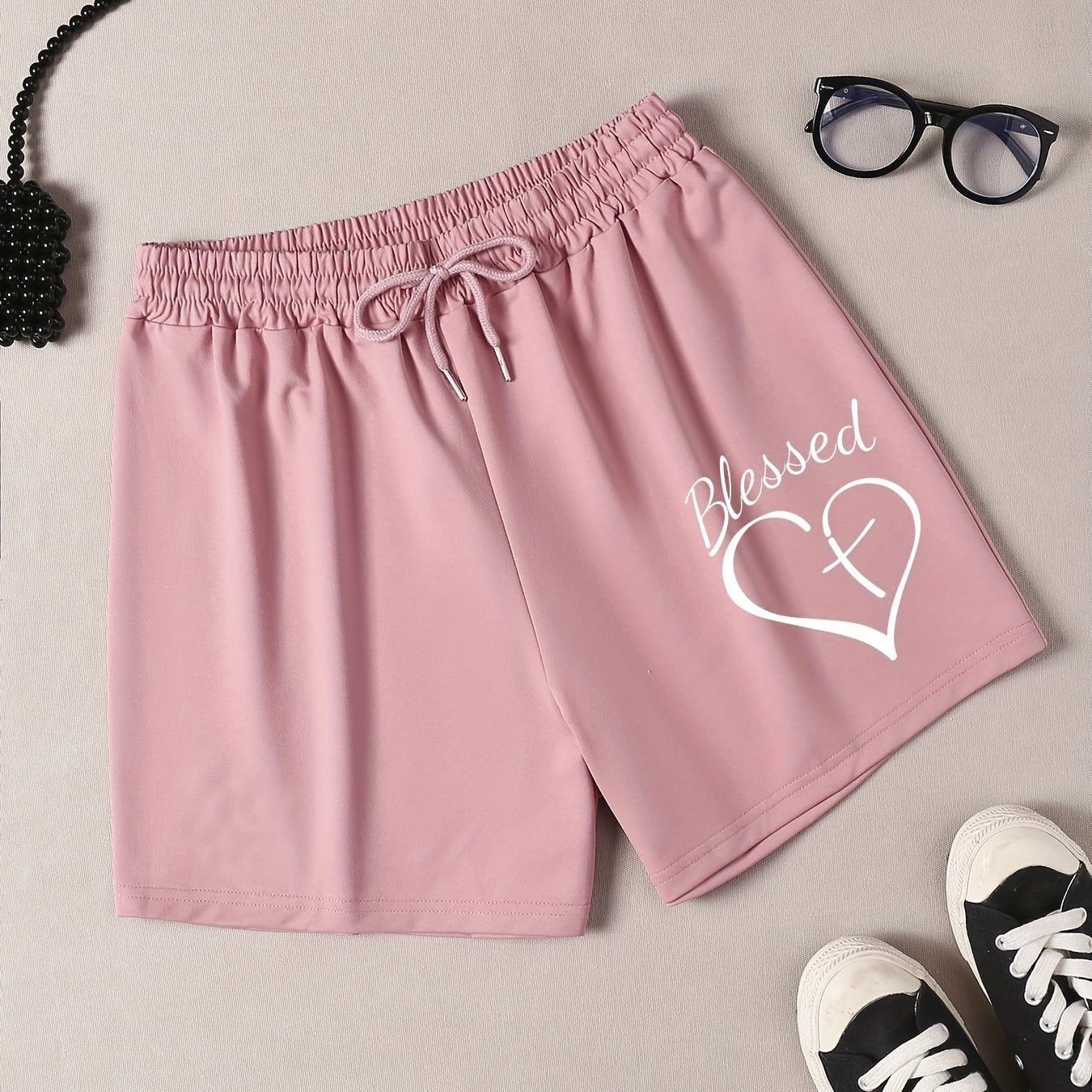 Women's Plus Cross Heart & Letter Drawstring Shorts