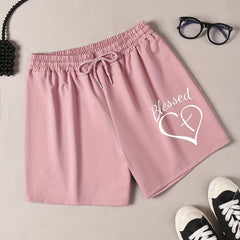 Women's Plus Cross Heart & Letter Drawstring Shorts
