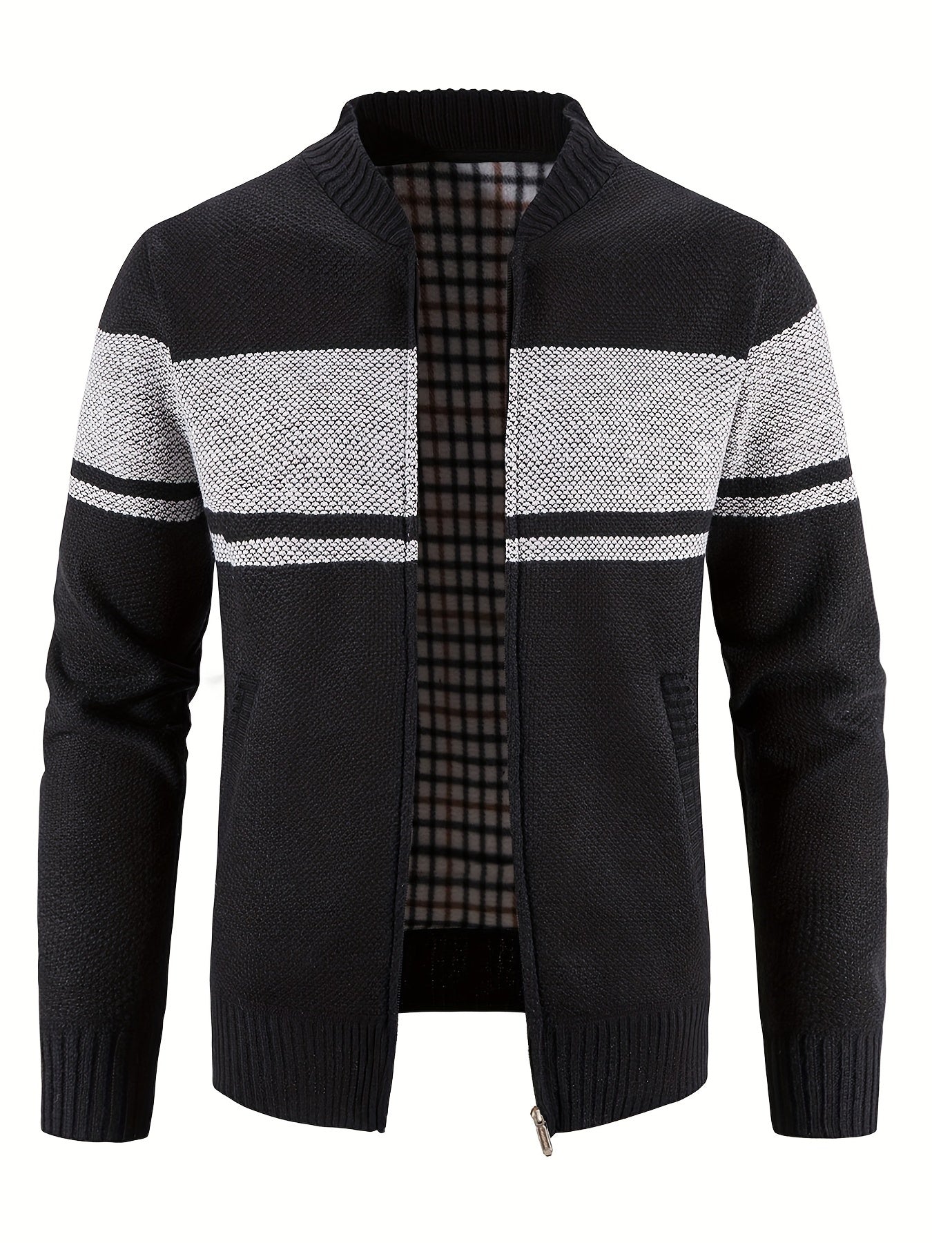 Block Band Collar Cardigan Men's Zip Up Jacket for Fall Winter