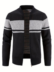 Block Band Collar Cardigan Men's Zip Up Jacket for Fall Winter