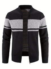 Men's Block Fleece Jacket Baseball Collar Zip Up Knitted Cardigan