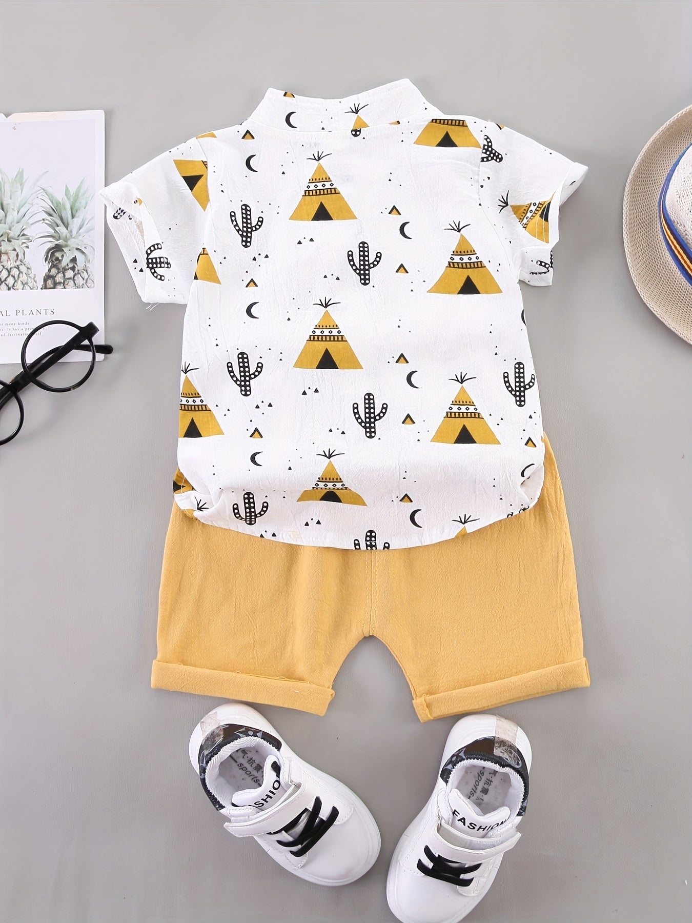 2pcs Baby Boys Cactus Print Short Sleeve Shirt & Shorts Set