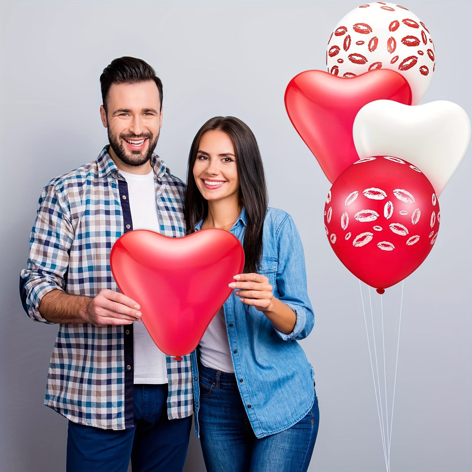 48pcs Anniversary Party Balloons - Lip and Heart Shapes with Red Lip Kiss Print