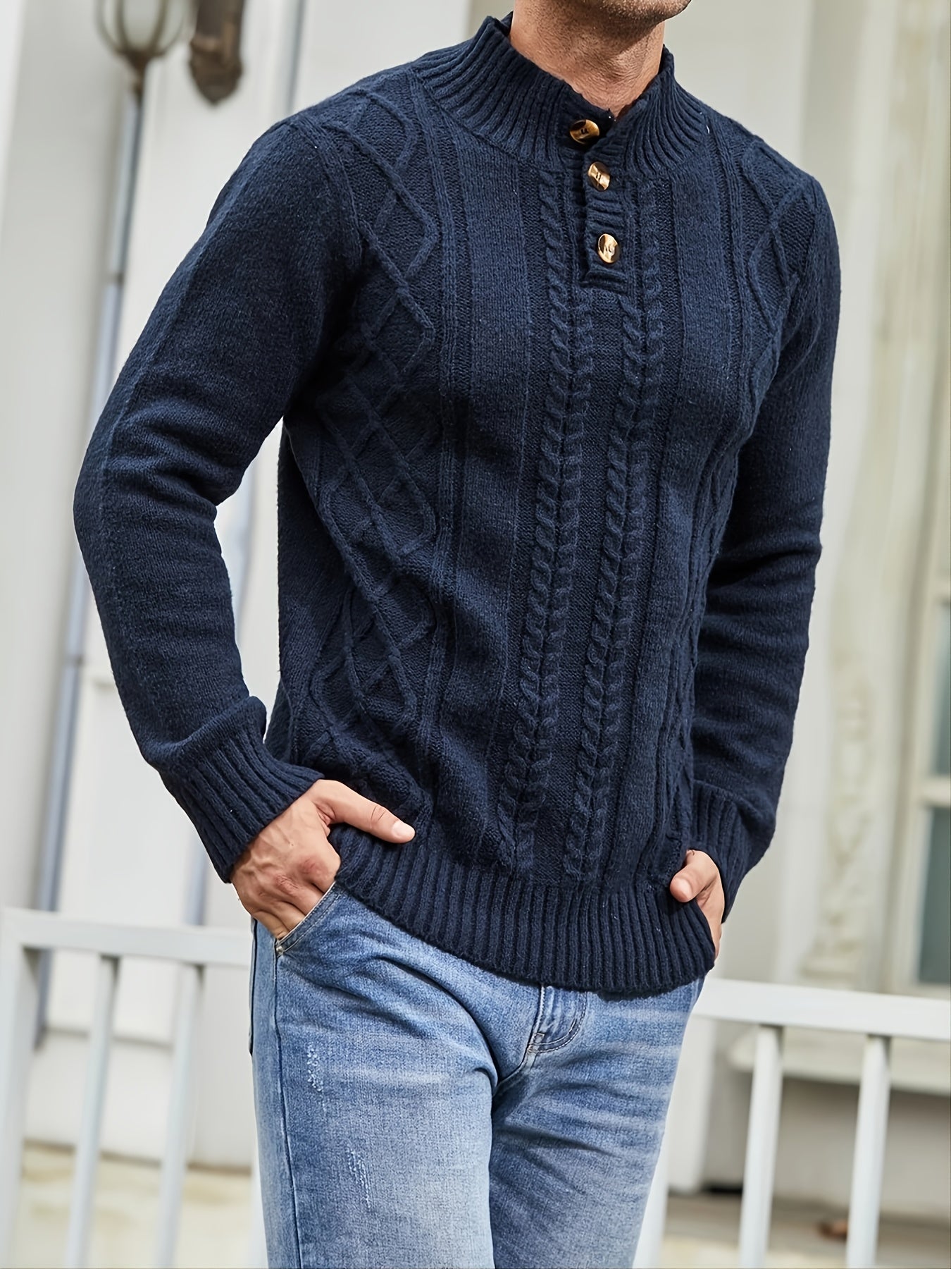 Men's Cable Knit Button Pullover Sweater