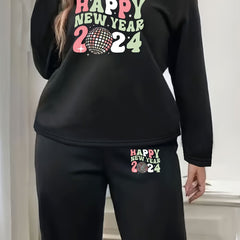 Slogan Print Fleece Lounge Set Long Sleeve Top & Joggers Pajamas
