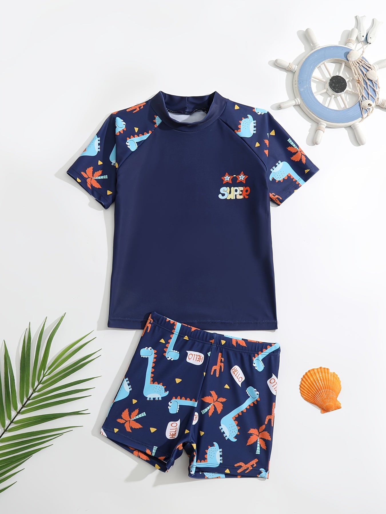 Boys Dino Swim Suit Trunks & Tops Short Sleeves Quick Dry Casual Kids Clothes