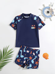 Boys Dino Swim Suit Trunks & Tops Short Sleeves Quick Dry Casual Kids Clothes