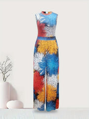 Firework Print Slim Wide Leg Jumpsuit Sleeveless Casual Jumpsuit
