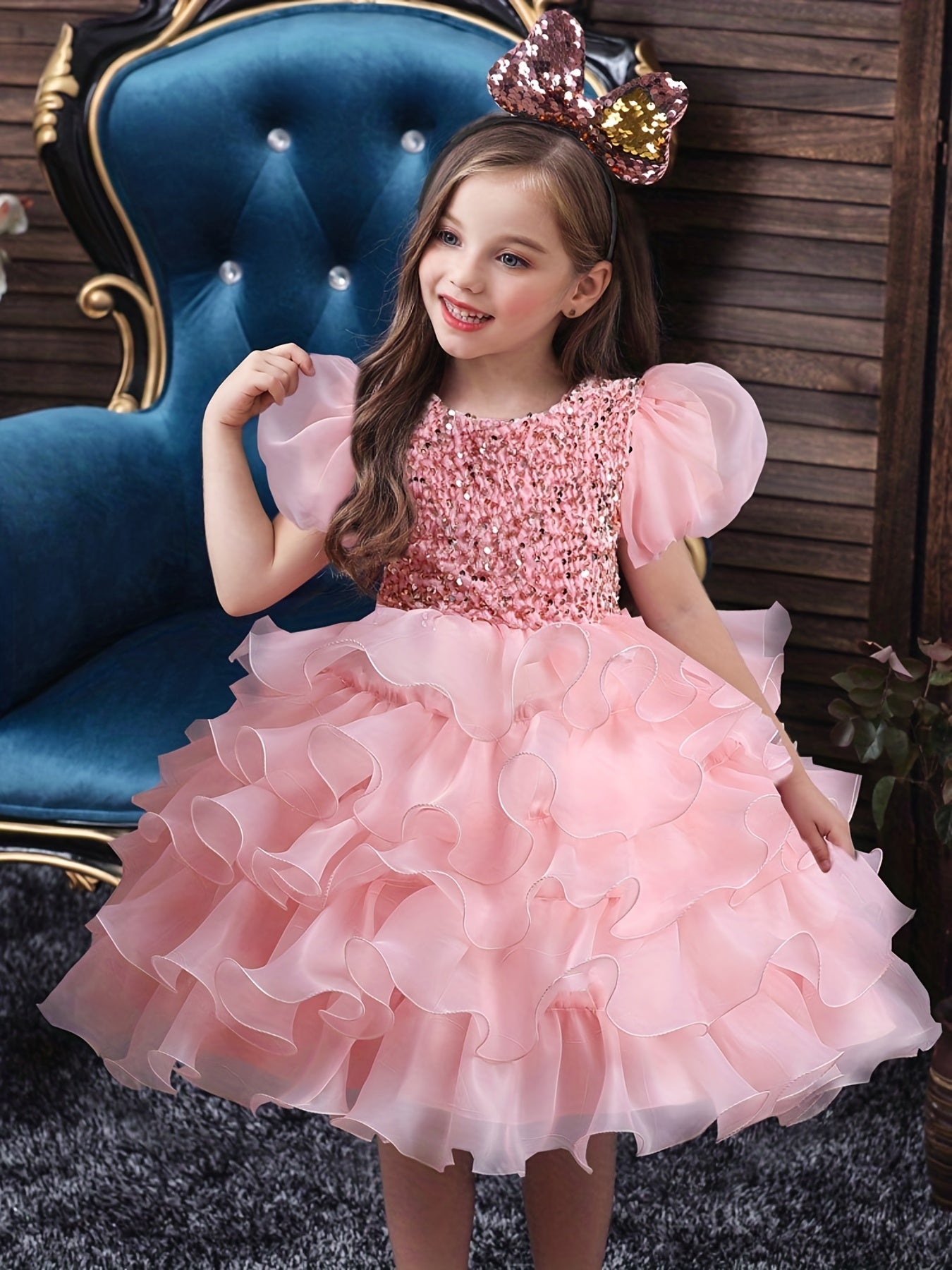 Sequined Party Ball Dress Swirl Tiered Princess Dress