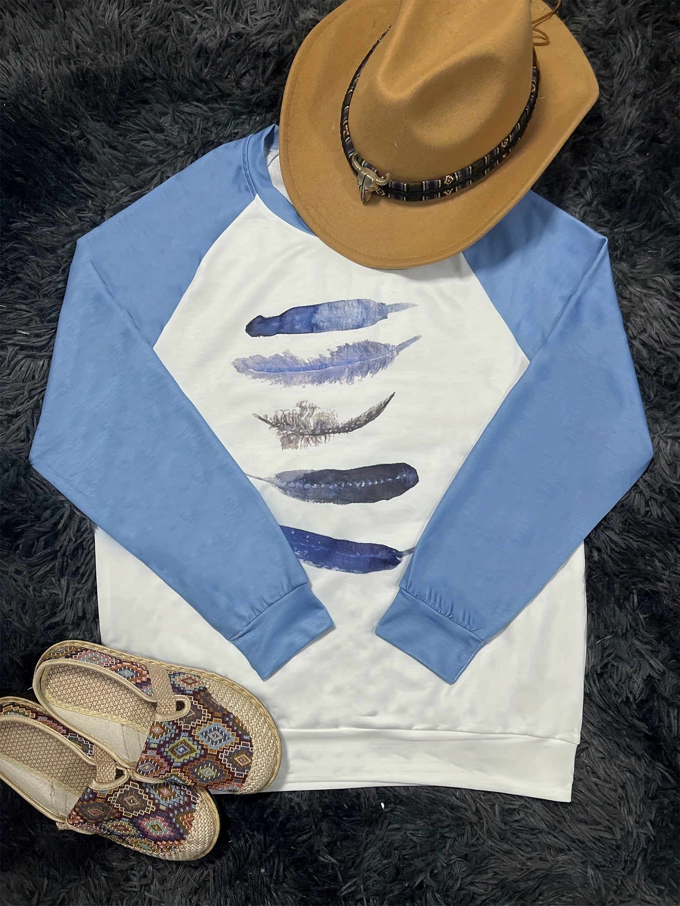 Feather Print Sweatshirt Long Sleeve Casual Shoulder Sweatshirt