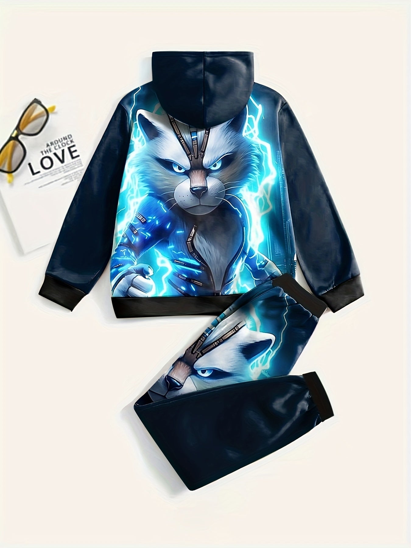 3D Flash Kitty Outfits Hoodies Splicing Jogger Pants Boys Girls Spor