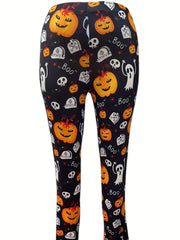 Women's Plus Pumpkin & Skull Print High Rise Leggings