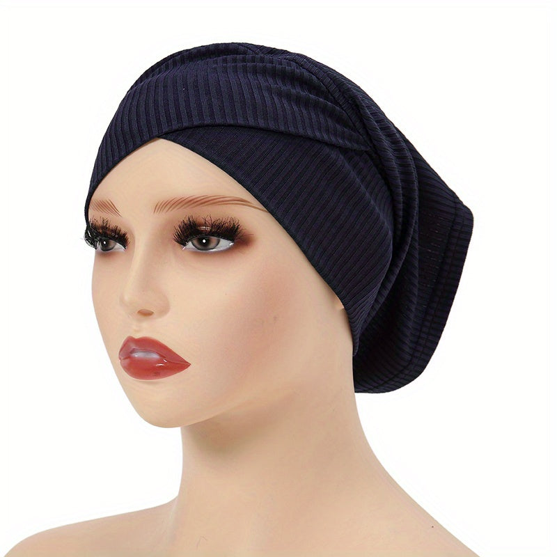 Striped Inner Cap Scarf Solid Turban Cap Casual Hijab