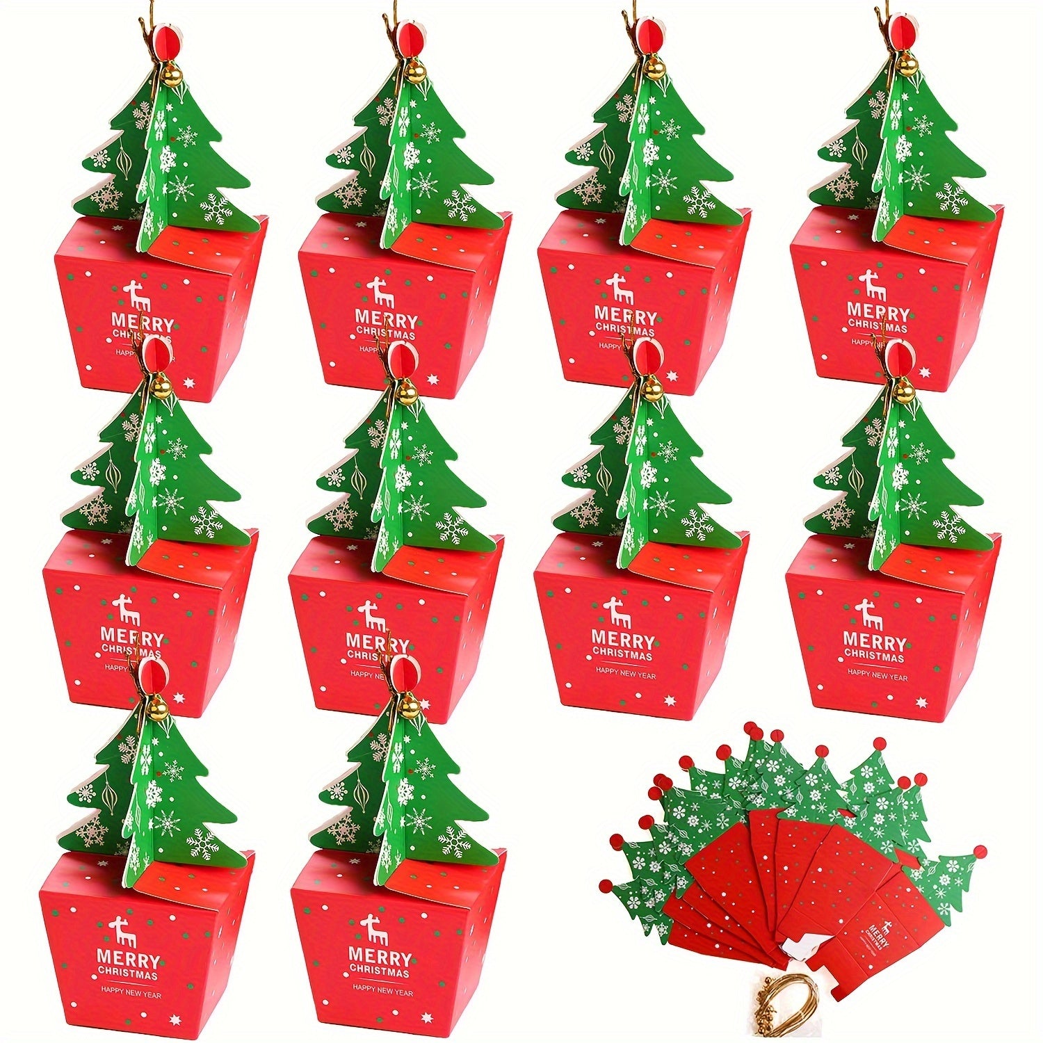 10pcs 3D Mini Christmas Tree Gift Boxes with Bells