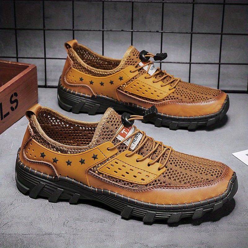 Men's Breathable Stars Print No Tie Mesh Sneakers With Adjustable Draw String