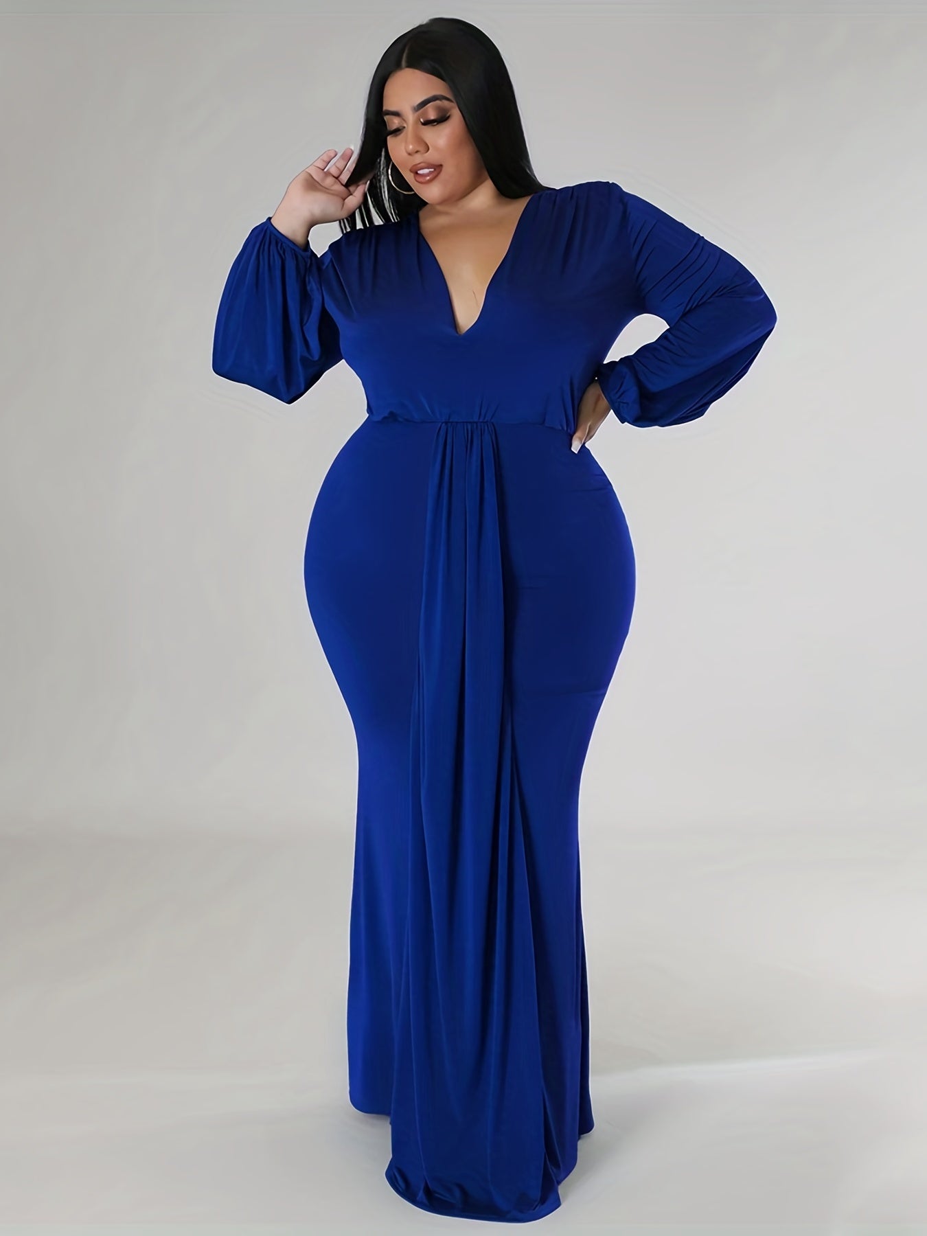 Sexy Dress Solid Lantern Sleeve V Neck High Split Maxi Dress