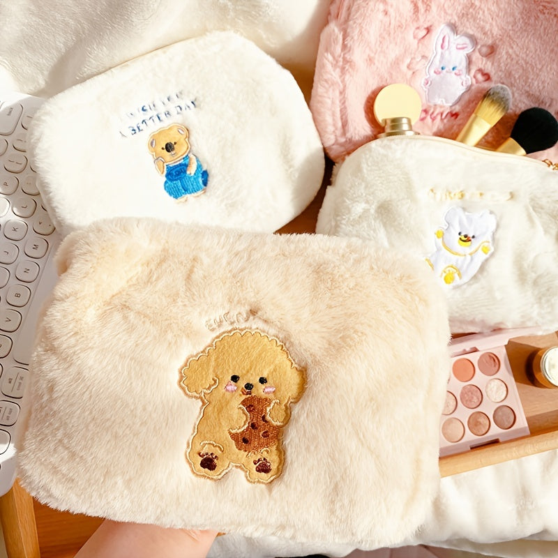 Animal Embroidered Makeup Bag Soft Pouch for Students and Travelers