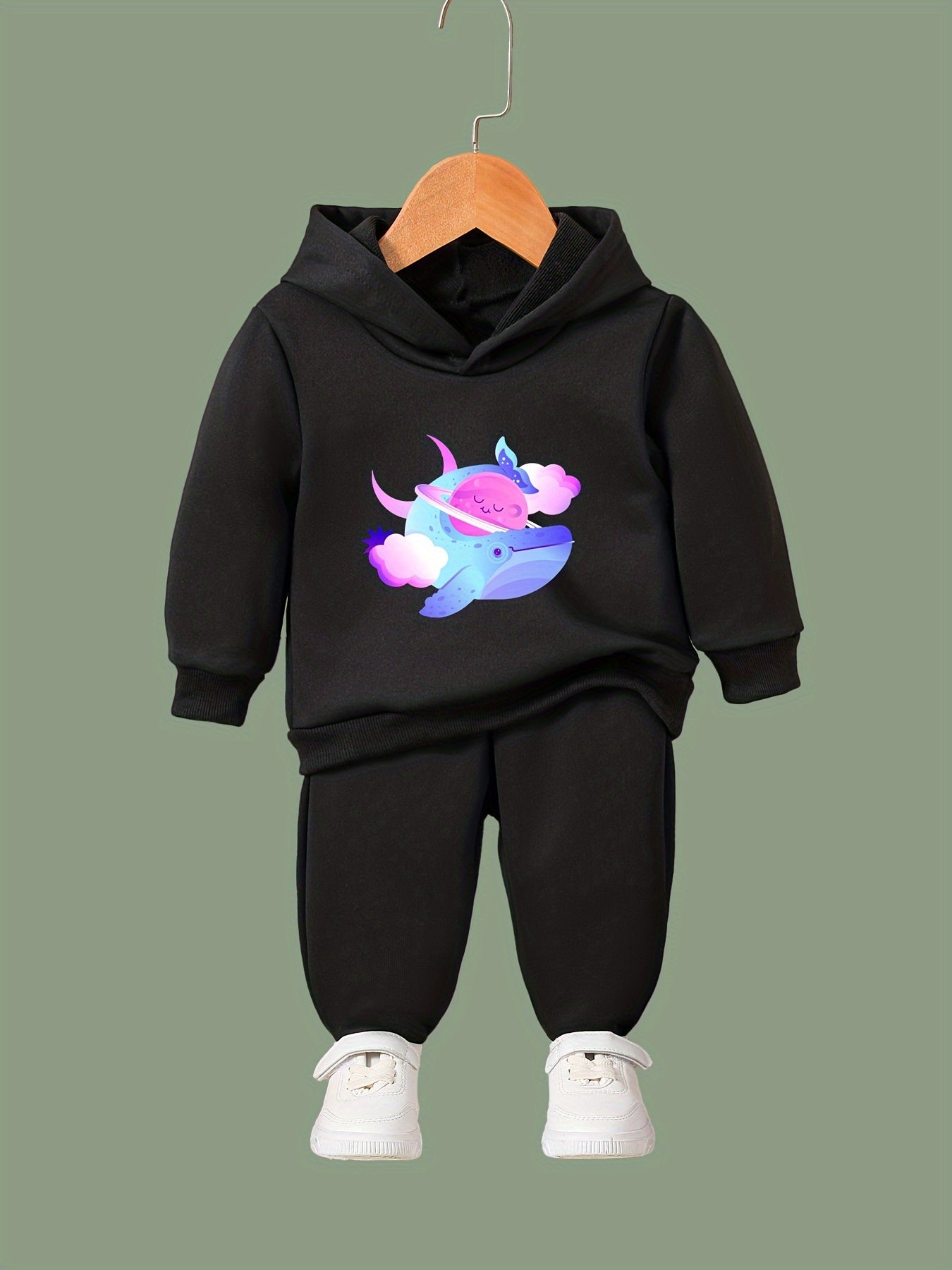 Cartoon Whale Hooded Sweatshirt and Solid Sweatpants Set for Girls