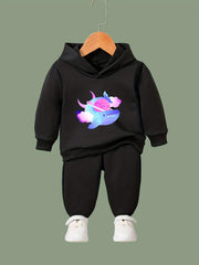 Cartoon Whale Hooded Sweatshirt and Solid Sweatpants Set for Girls