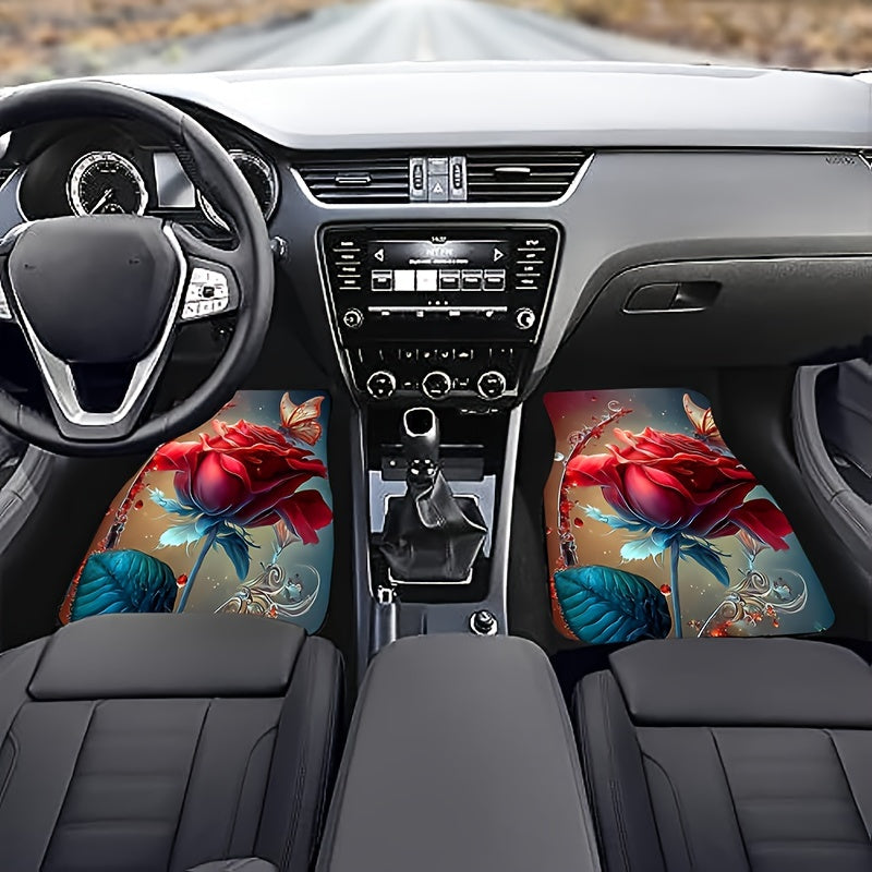 Artistic Red Rose Pattern Car Floor Mat 4pcs