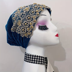 Beaded Lace Mesh Turban Cap - Vintage Head Wrap