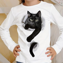 3D Kitty Graphic Long Sleeve T shirt Girls Comfy Tees