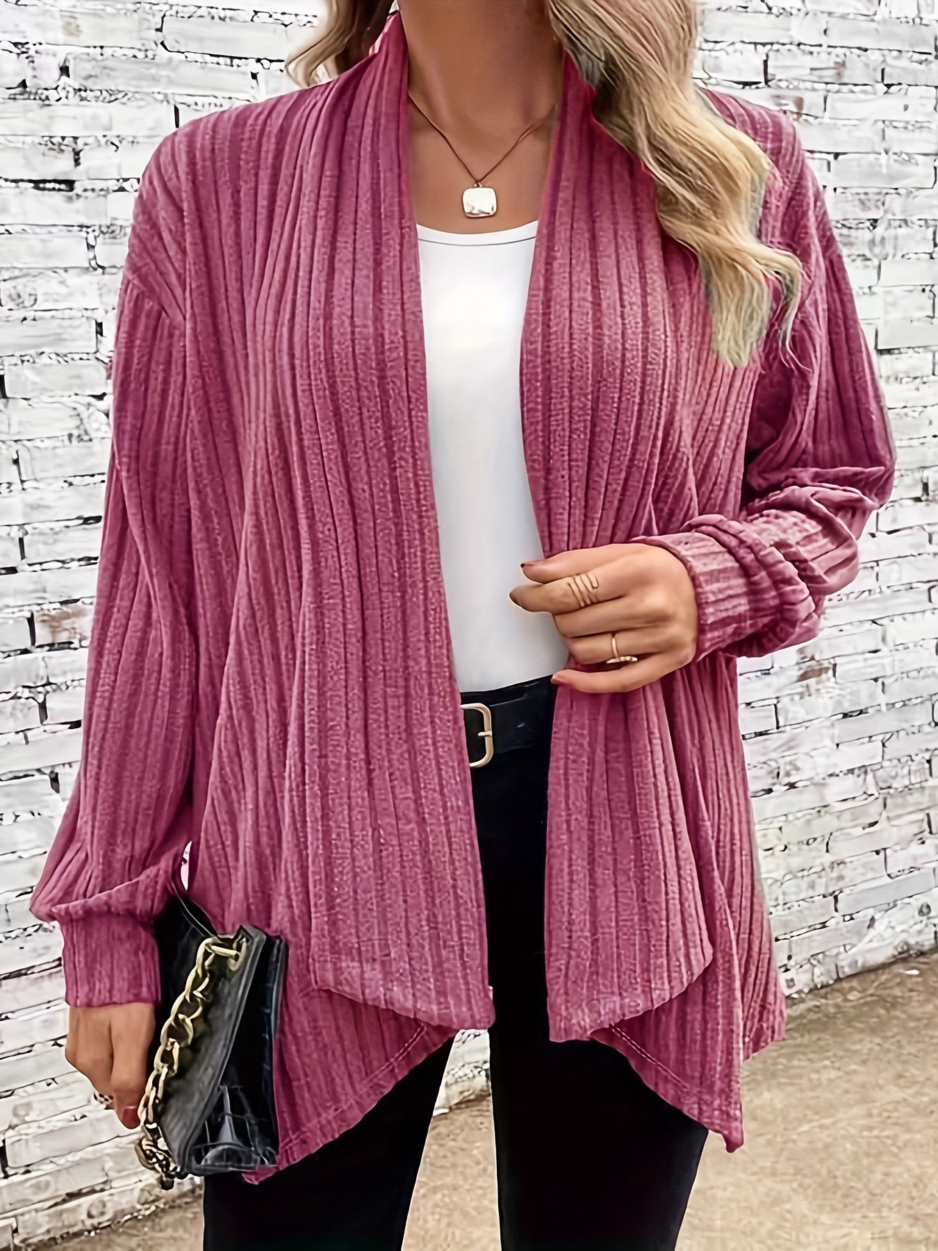 Casual Cardigan Women's Plus Solid Ribbed Long Sleeve Open Front