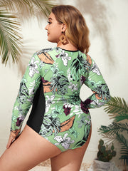 Modest Swimsuit Tropical Print Zipper One Piece Swimsuit