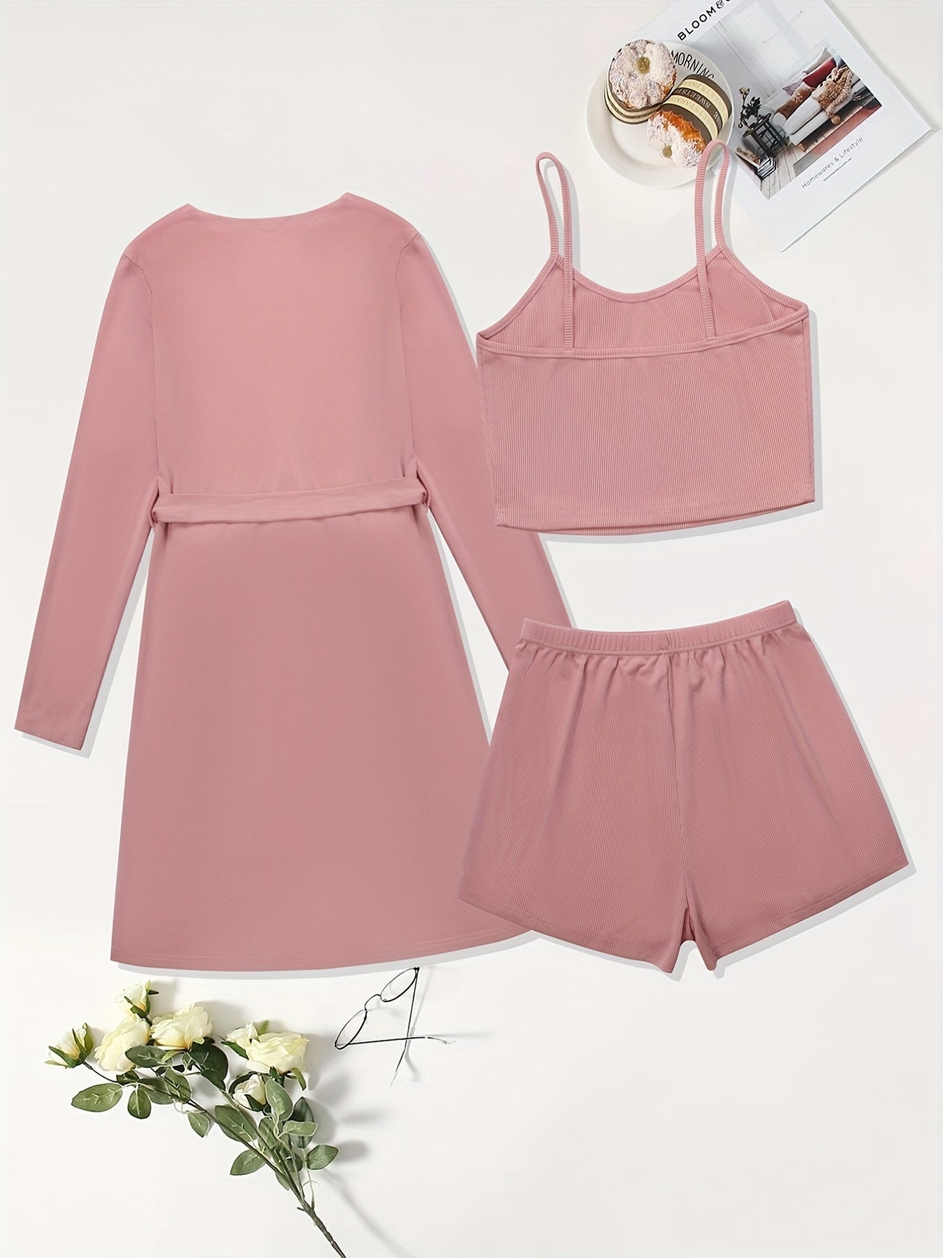 Ribbed Crop Top & Shorts & Cardigan Set