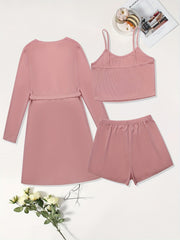 Ribbed Crop Top & Shorts & Cardigan Set