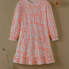 Girls Nightdress Rabbit Print Ruffle Decor PJ Long Sleeve Round Neck Dress