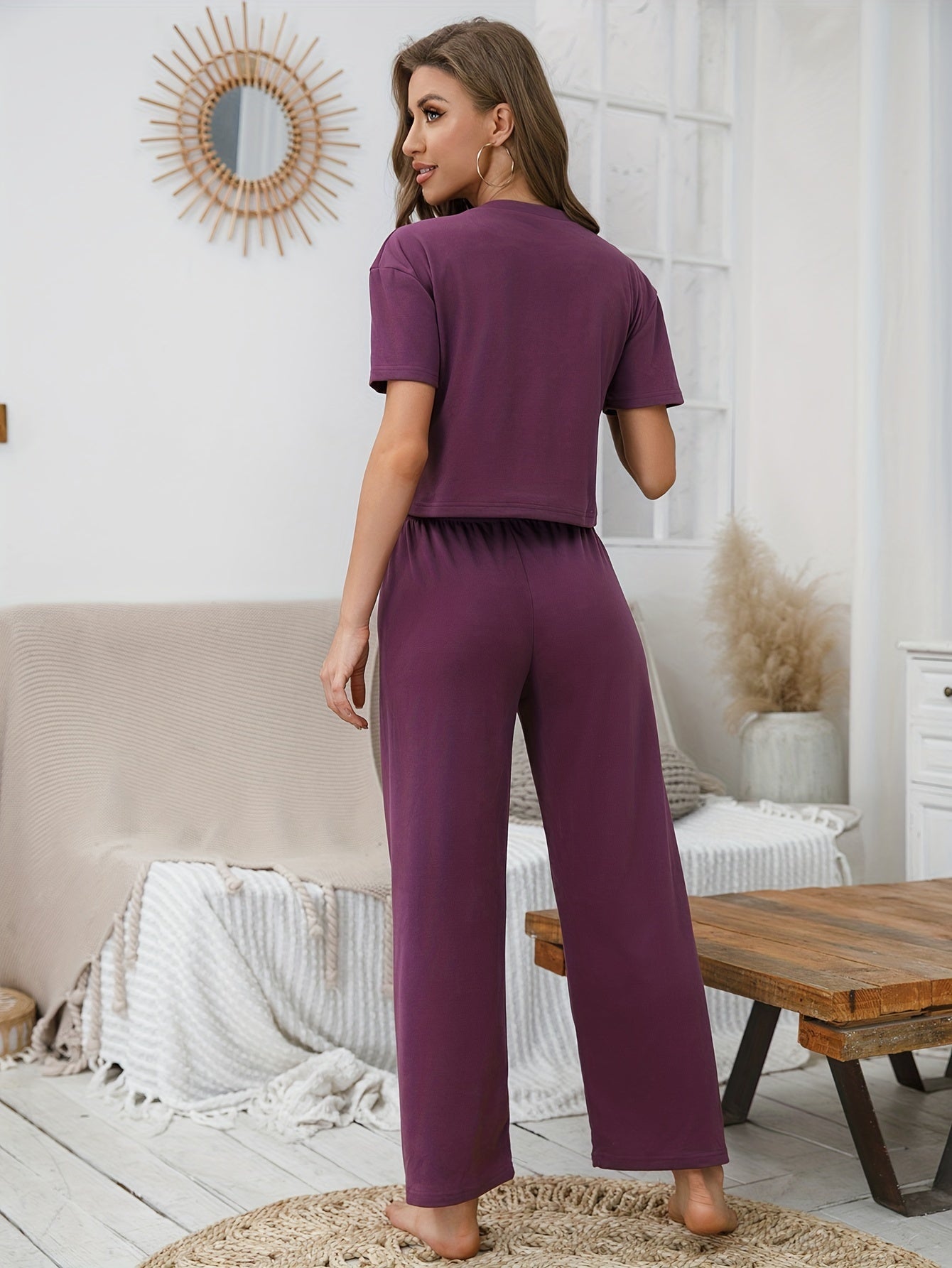 Solid Lounge Set Short Sleeve Crew Neck Top & Elastic Waistband Pants