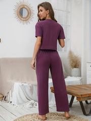 Solid Lounge Set Short Sleeve Crew Neck Top & Elastic Waistband Pants
