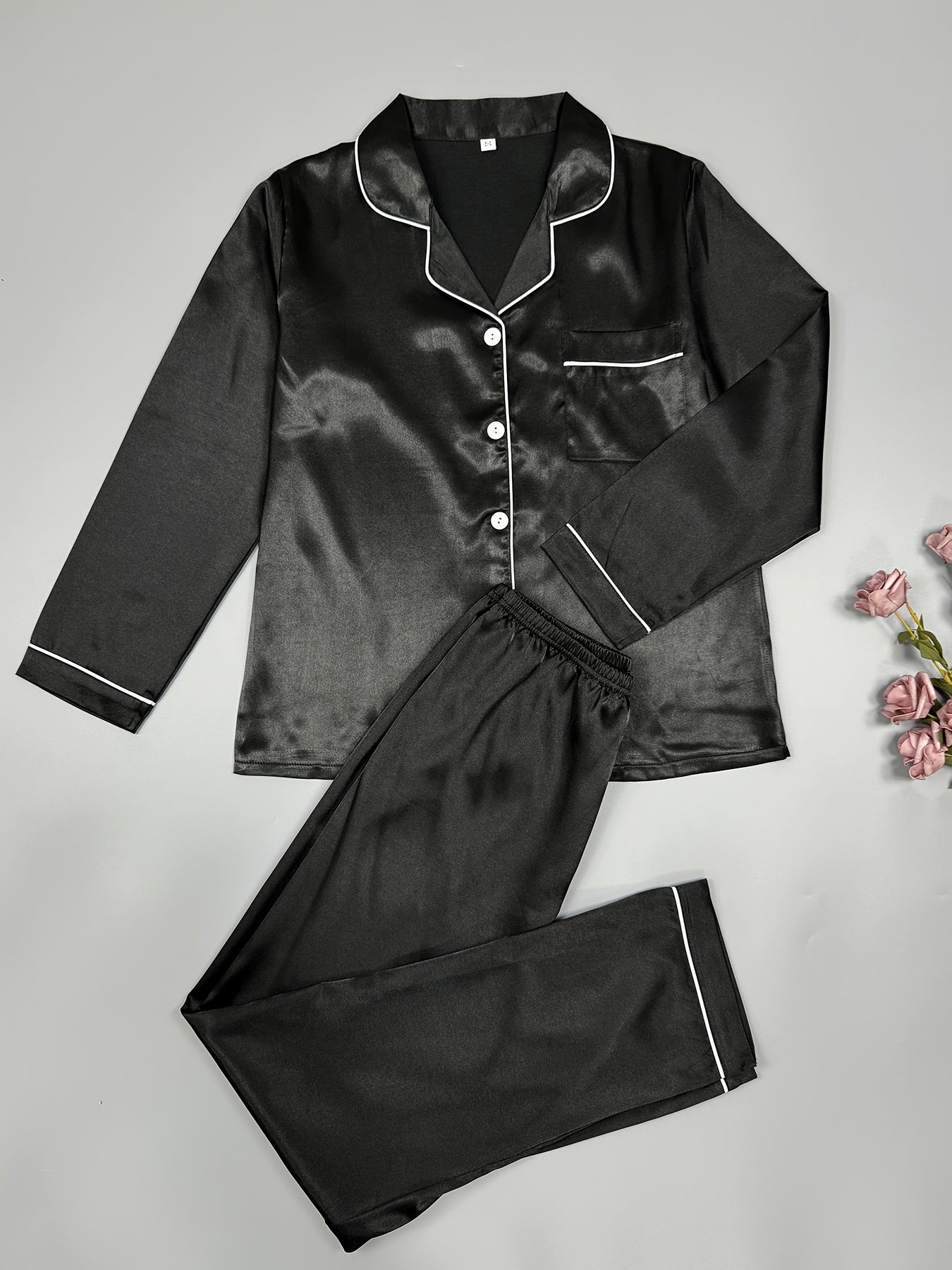 Satin Pajama Set Long Sleeve Top & Elastic Waist Pants Women's Sleepwear