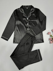 Satin Pajama Set Long Sleeve Top & Elastic Waist Pants Women's Sleepwear