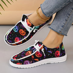 Women's Pumpkin Print Canvas Shoes Casual Lace Up Low Top Loafers Lightweight