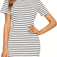 Striped Print Dress Crew Neck Short Sleeve Summer Dress Women's Clothing