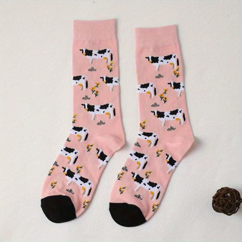Cartoon Cow Print Socks Comfy & Mid Tube Women's Stockings
