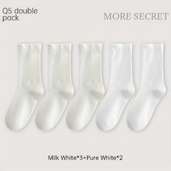 Breathable Mid Tube Socks Women's Stockings 5 Pairs Solid Socks