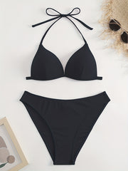 Solid V Neck Halter Bikini Tie Neck High Stetch 2 Piece Swimsuit