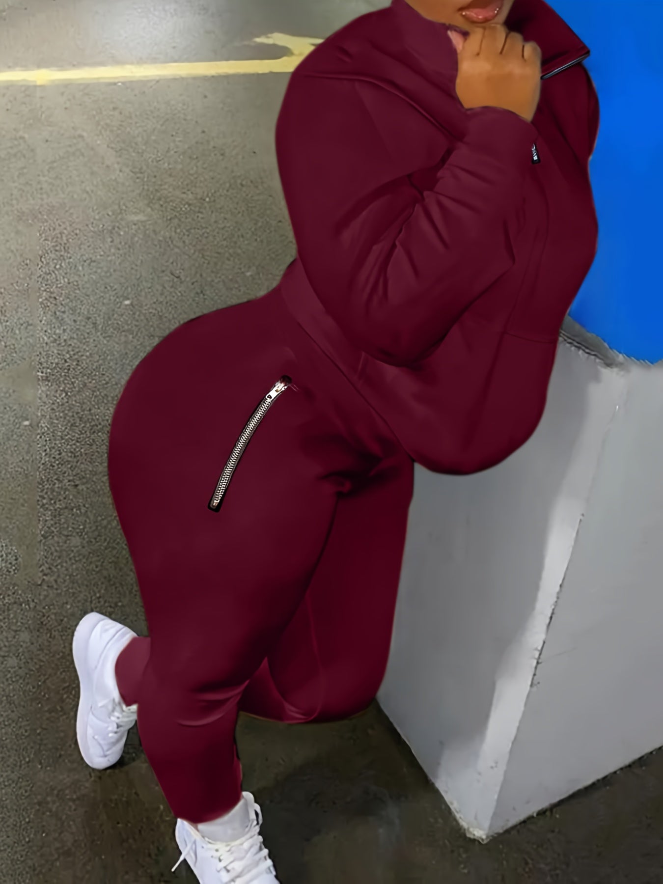 Solid Zipper Two piece Set Long Sleeve Workout Outfit