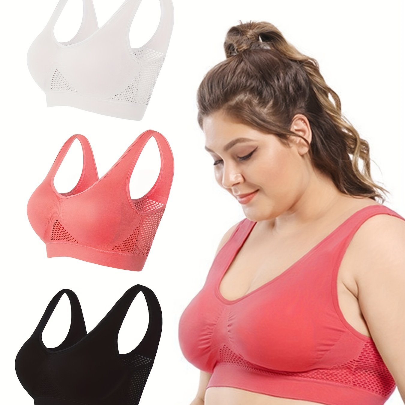 3 Pack Plus Size Sports Bra Set Seamless Hollow Mesh Yoga Bra 3pcs Set