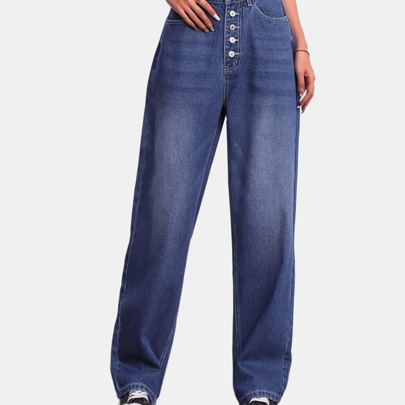 Button Fly Whiskering Straight Leg Jeans High Waist Casual Denim Pants