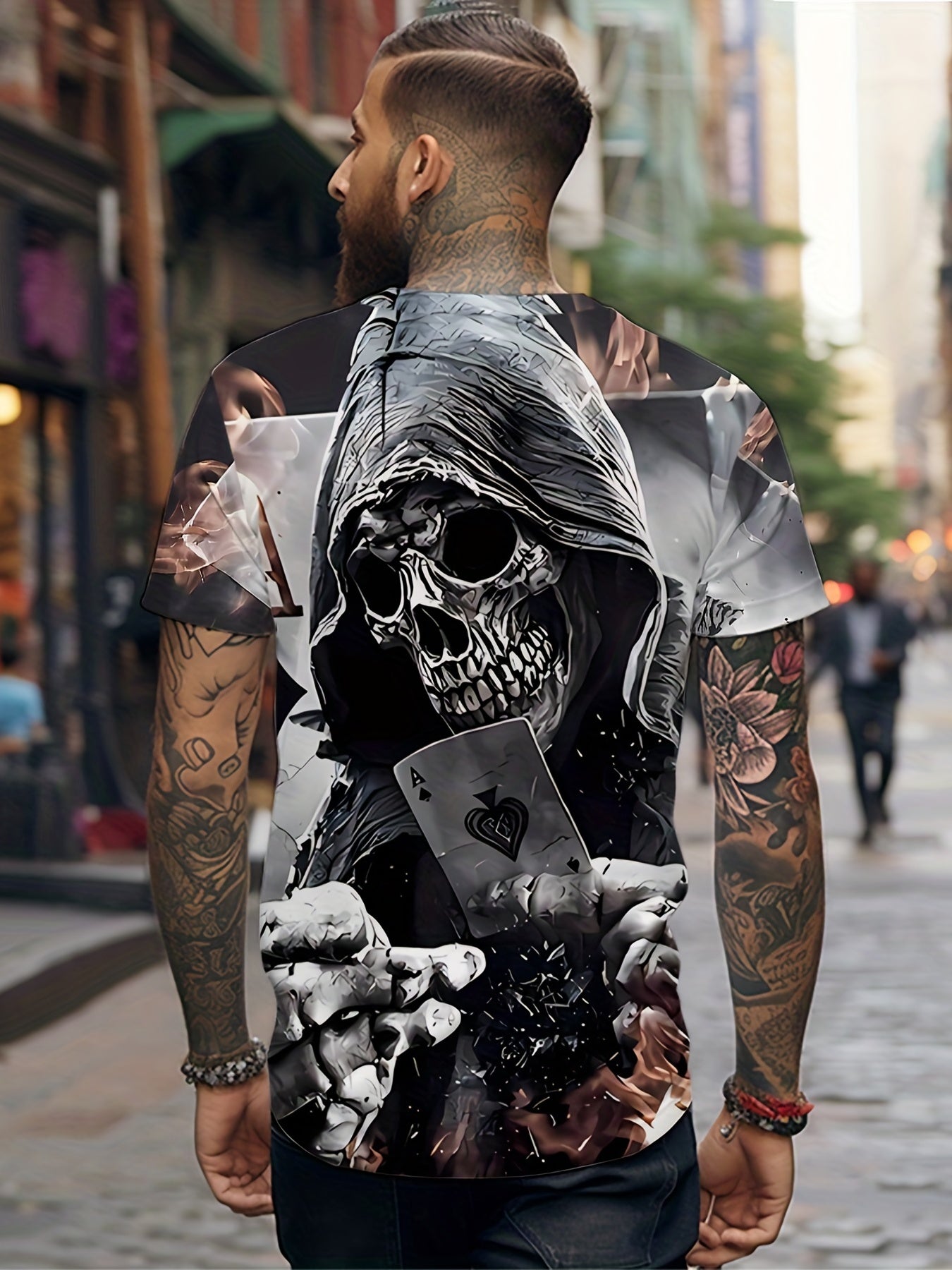 Men's 3D Death & Poker Card Print T shirt Casual Comfy Crew Neck Tee