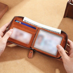 RFID Secure Leather Zipper Wallet Large Capacity Double Fold Card Wallet for Men