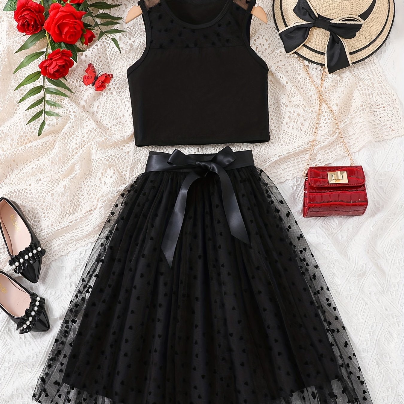 2pcs Girls Mesh Tank Top & Tutu Skirt Set Kids Summer Clothes